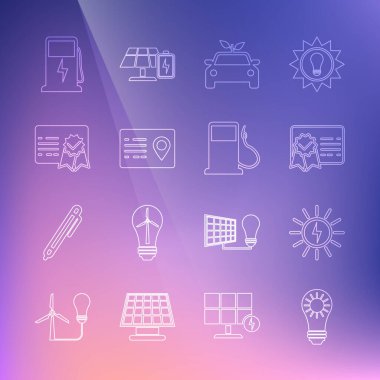 Güneş enerjisi paneli, sertifika şablonu, Eco araba konsept sürücüsü, adres defteri, elektrik şarj istasyonu ve benzin ikonu ayarla. Vektör