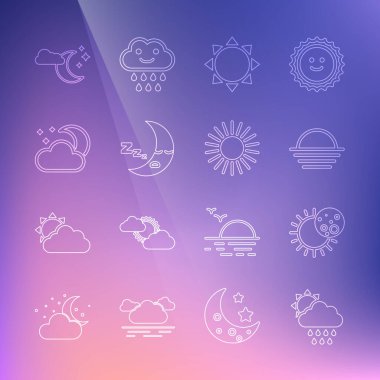 Bulut 'u yağmur ve güneşe, Günbatımının tutulmasına, Ay ikonuna, ay yıldızlarına ve ikona göre ayarla. Vektör