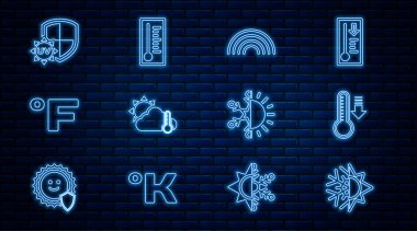 Güneş ve kar tanelerini, Meteoroloji termometresini, Gökkuşağını, Termometre bulutunu, Güneş 'i, Fahrenheit' i, UV 'yi ve ikonu ayarla. Vektör