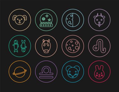 Tavşan burcu, aslan burcu, güneş tutulması, at, balık, köpek, ay ve sihirli top ikonu. Vektör