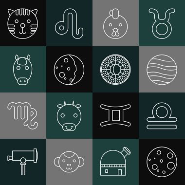 Hat Moon, Terazi burcu, Jüpiter Gezegeni, Horoz, Güneş tutulması, At, Kaplan ve Astroloji Çemberi ikonu. Vektör