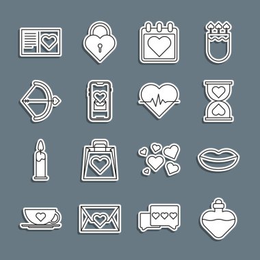 Aşk iksiri şişesi, gülen dudaklar merkezi kum saati, takvim kalbi, mobil, yaylı ok, sevgililer günü broşürü ve oran ikonu. Vektör