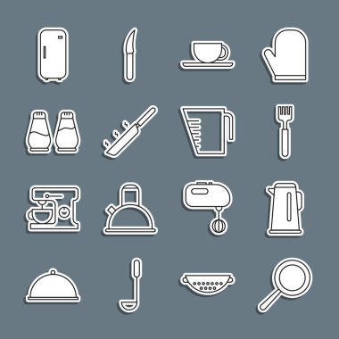 Kızartma tavası, saplı çaydanlık, çatal, kahve fincanı, tuzluk, buzdolabı ve ölçüm ikonu. Vektör