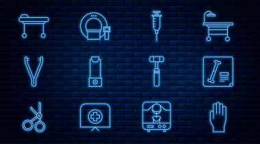 Tıbbi lastik eldivenler, röntgen çekimleri, şırınga, astım spreyi, cımbız, sedye, nöroloji refleks çekici ve tomografi ikonu. Vektör