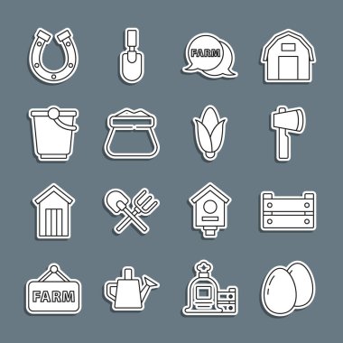 Tavuk yumurtası, tahta kutu, balta, Farm 'lı konuşma balonu, Full sack, Bucket, Horseshoe ve Corn ikonu. Vektör