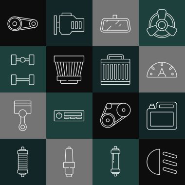 Hat yüksek kirişi ayarlayın, motor yağı tüpü, hız göstergesi, araba aynası, hava filtresi, Chassis arabası, zamanlayıcı kemeri kiti ve radyatör soğutma sistemi simgesi. Vektör