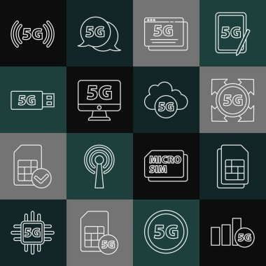 5G ağını, Sim kartını, Monitörü, modemi ve Bulut simgesini ayarla. Vektör