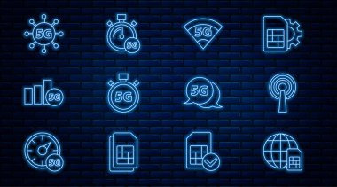 Hat Küre 5G Sim Card, Anten, Ağ, Dijital hız ölçer ve simge ayarla. Vektör