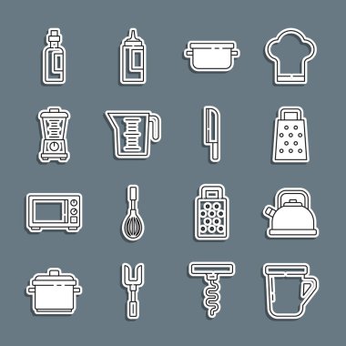 Sıralı kahve fincanı, saplı çaydanlık, Grater, pişirme kabı, ölçüm, blender, şişe zeytinyağı ve bıçak ikonu. Vektör