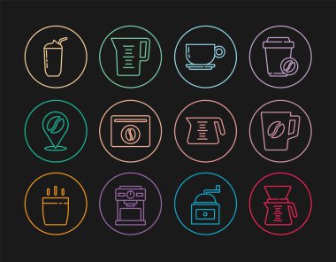 Kahve makinesini, kahve fincanını, kahve çekirdeklerini, milkshake 'i, demliği ve sürahi bardaktaki su ikonunu bardağa doldur. Vektör