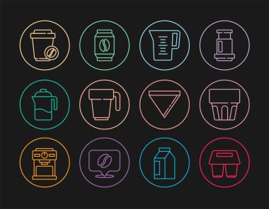 Sıra kahve fincanını paket yapın, bardakta su, sürahi, Fransız presi, kağıt filtresi ve poşet kahve çekirdeği ikonu. Vektör