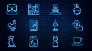 Set hattı kahve fincanı, kaniş köpeği, çeşme, portre müzesi, horoz rüzgar gülü, Kepi, sokak lambası ve Notre Dame ikonu. Vektör