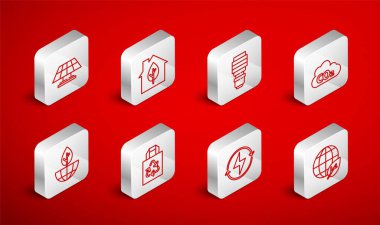 Yerküre küre ve yaprak, çevre dostu ev, LED ampul, karbondioksit emisyonları bulut, yıldırım, güneş enerjisi paneli, geri dönüşüm ve bitki ikonlu kağıt torba. Vektör