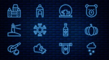 Karlı Bulut, Balkabağı, Montreal Biyosfer, Kar Tanesi, Deniz feneri, Şato Frontenac Oteli, bira şişesi ve kış ikonu. Vektör