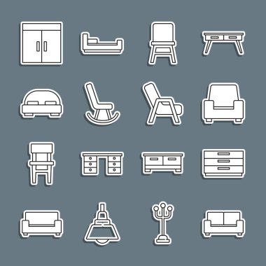 Sıralı kanepe, göğüs çekmecesi, koltuk, sandalye, büyük yatak, gardırop ve ikon. Vektör