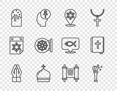 Herkes dua pozisyonuna geçsin, Aspergillum, Davut Yıldızı, Kilise Kulesi, Paskalya pastası, Dharma çarkı, KHK, kağıt, parşömen, parşömen, parşömen ve kutsal kitap ikonu. Vektör