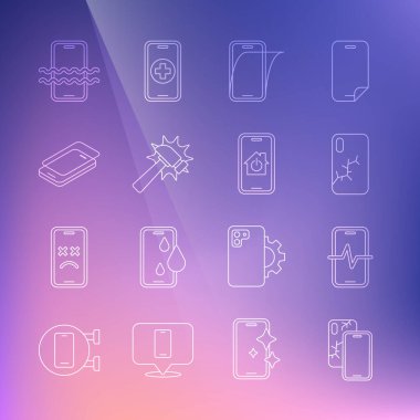 Hat Mobil 'i bozuk ekran, telefon tamir servisi, cam koruyucu, çekiç, su geçirmez telefon ve akıllı ev ikonu ile ayarla. Vektör