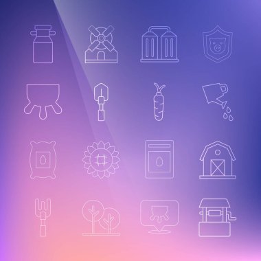 Çiftlik evi, su bidonu, tahıl ambarı, kürek, meme, süt ve havuç ikonu için kap. Vektör