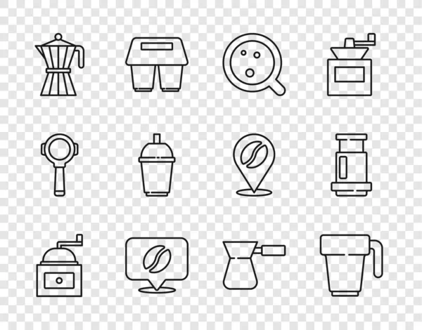 设置系列手动咖啡机 咖啡杯 位置与豆子 摩卡锅 土耳其和航空图标 — 图库矢量图片