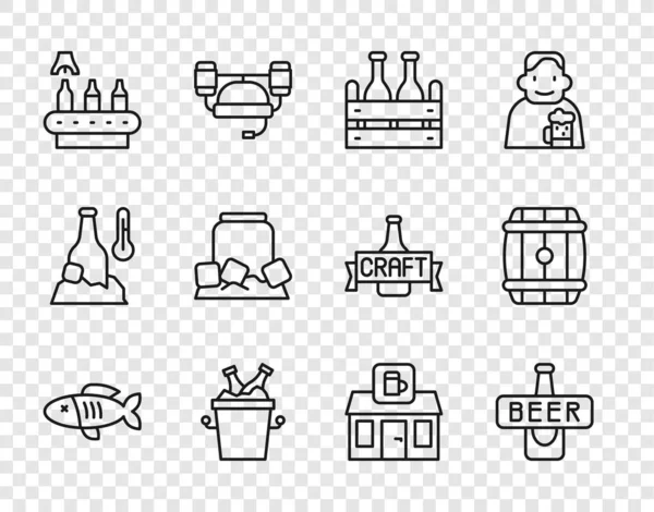 集鱼排 啤酒瓶 啤酒瓶包 输送带 建材店 木桶图标为一体 — 图库矢量图片