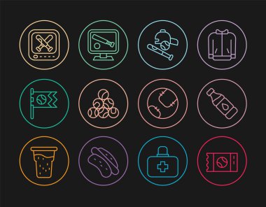 Beyzbol bileti, su şişesi, beysbol sopası, şapka, beysbol sopası, Monitor maçı ve ikon. Vektör