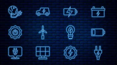 Elektrik prizi, pil, rüzgar türbini, güç düğmesi, küresel enerji gezegeni, yaprak ve araba ikonlu ampul ayarlayın. Vektör