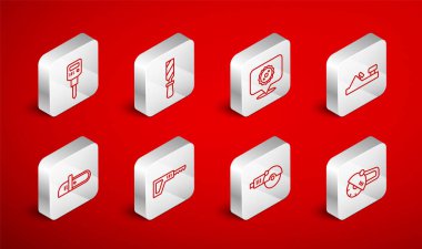 Açılı öğütücü, Rasp metal dosyası, testere bıçağı, tahta uçak aleti, inşaat matkabı, Karşılaştırma ve elektrikli testere ikonu. Vektör