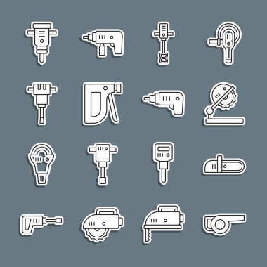 Hat, Yaprak Yaprağı bahçe üfleyicisi, testere ahşap işçiliği için masa, elektrikli el beton karıştırıcı, inşaat zımbası, kaya matkabı ve kablosuz tornavida ikonu. Vektör