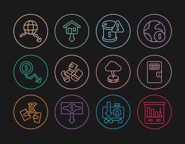 Hat grafiği bilgisi, hapishane kapısı, ham petrol fiyatını düşürme, kredi kartı, dolar oranı düşüşü, küresel ekonomik kriz, Storm and Falling emlak fiyatları ikonu. Vektör