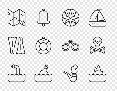 Periscope, Iceberg, Wind Rose, mesaj suyla dolu şişe, korsan hazine haritası, Lifebuoy, Smoking pipo ve Skull 'u çapraz kemik simgesinde ayarla. Vektör