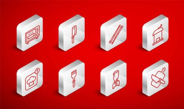 Kesme tahtası, bıçak, et kesicisi, yemek çubukları, el yapımı kahve öğütücüsü, blender, mikrodalga fırın, çatal ve aşçı şapkası ikonu. Vektör