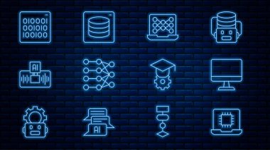 Satır işlemcisi işlemcisi, bilgisayar monitörü, sinirsel ağ, yapay zeka yapay zeka, ikili kod, derecelendirme başlığı ve sunucu, veri simgesi ayarla. Vektör