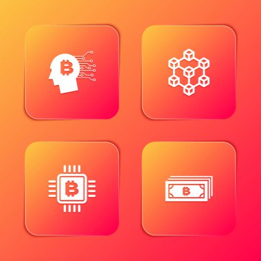 Bitcoin düşün, Blockchain teknolojisi, CPU madencilik çiftliği ve Cryptocurrency bitcoin ikonu. Vektör.