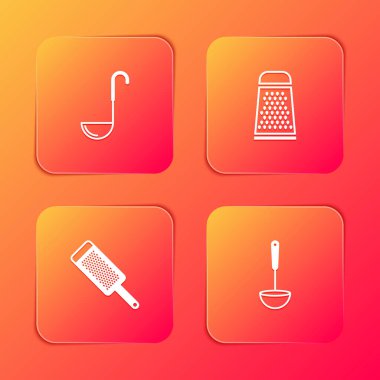 Mutfak kepçesini, rendeleyiciyi ve ikonu hazırla. Vektör.