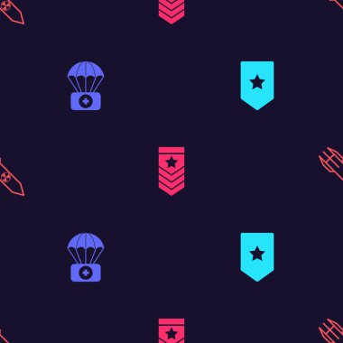 Sembol, ilk yardım çantasıyla paraşüt ve nükleer roketi kusursuz desene ayarlayın. Vektör.