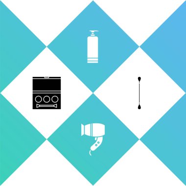 Göz farı paletini, saç kurutma makinesini, krem kozmetik tüpünü ve kulak ikonu için pamuk çubuğunu ayarla. Vektör.