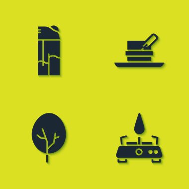 Hafif, Kamp Gazı sobası, Ağaç ve Avcı şapkası ve tüy ikonu. Vektör.