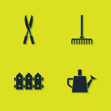 Bahçıvanlık el yapımı makas, su kovası, çit ahşap ve tırmık ikonu hazırlayın. Vektör.