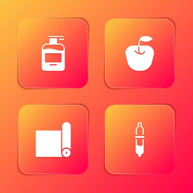 Bir şişe sıvı sabun, Apple, Fitness paspas rulosu ve Pipette ikonu. Vektör.