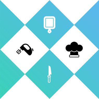 Elektrik karıştırıcı, bıçak, kesme tahtası ve şef şapkası simgesini ayarla. Vektör