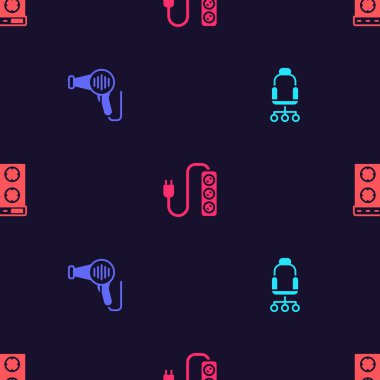 Ofis sandalyesini, saç kurutma makinesini, elektrik uzantısını ve gaz ocağını pürüzsüz bir şablona ayarla. Vektör