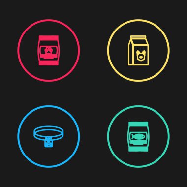 Çizgi köpek tasması, kedi, köpek ve hayvan ikonu için yiyecek çantası. Vektör.