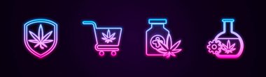 Kalkan, marihuana, alışveriş arabası, ilaç şişesi ve test tüpü. Parlayan neon ikonu. Vektör.