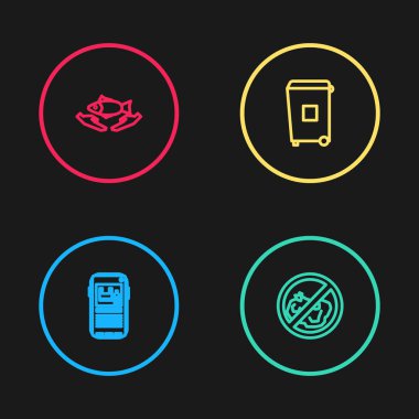 Hattı belirleyin. Plastik kirliliğini durdurun. Çöp tenekesi ve balık bakımı ikonu yok. Vektör.