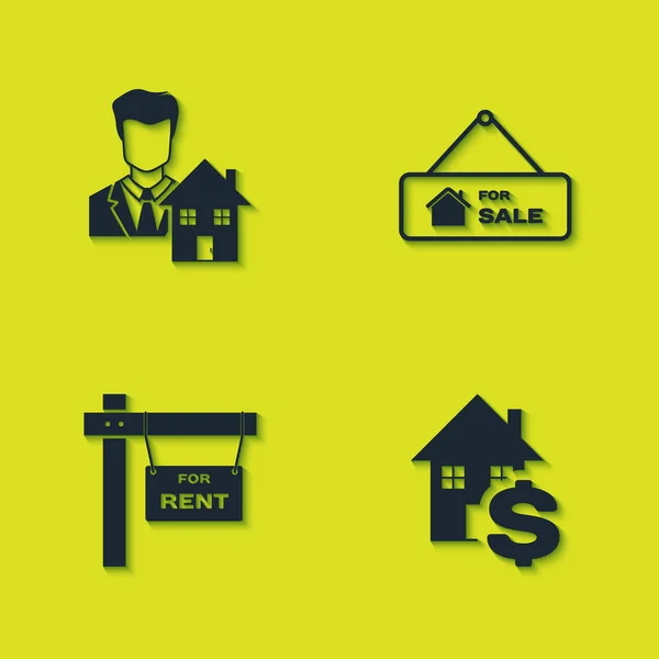 Set Realtor House Dollar Hanging Sign Rent Sale Icon Vector — 스톡 벡터