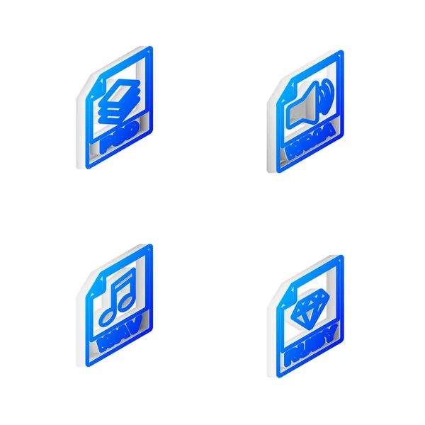 Set Isometrische Zeile Wma Datei Dokument Psd Wav Und Ruby — Stockvektor