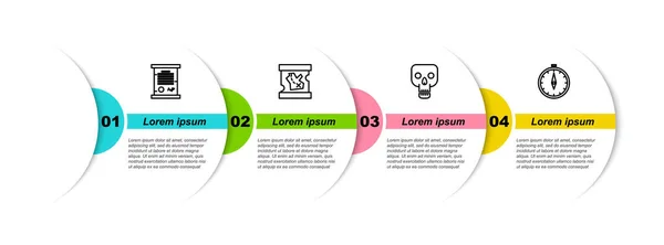 Set Line Décret Parchemin Rouleau Carte Trésor Pirate Crâne Boussole — Image vectorielle