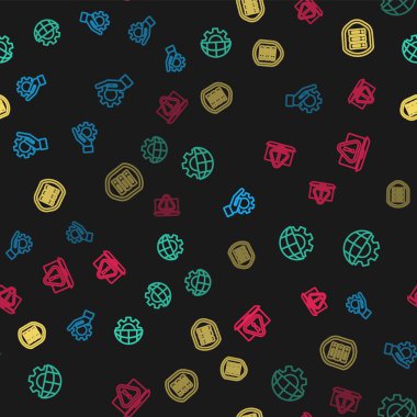 Hat ayarlarını ayarla, Dünya 'nın Küresi, Kalkanlı sunucu ve dizüstü bilgisayar ünlem işaretli kusursuz desen. Vektör.