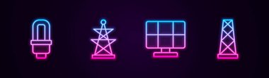 Hat LED lambası, elektrik kulesi, güneş enerjisi paneli ve anten ayarlayın. Parlayan neon ikonu. Vektör