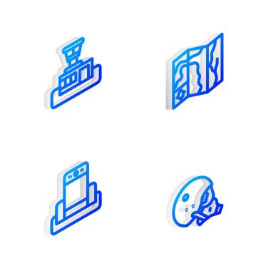 Isometric hattı dünya seyahat haritası, havaalanı kontrol kulesi, havaalanında metal dedektörü ve modern pilot başlık simgesini ayarla. Vektör